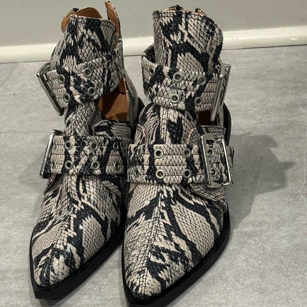 Ganni Snakeskin Buckle Ankle Boots Size 38
